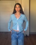 Cotton-Knit Crewneck Cardigan In Stripe