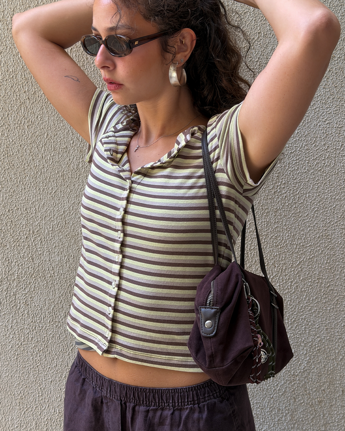 Cotton-knit Short-sleeve Cardigan in Stripe